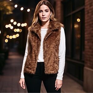 Ci Sono by Cavalini Women Brown Faux Fur Vest Sleeveless Open Front Lined Large